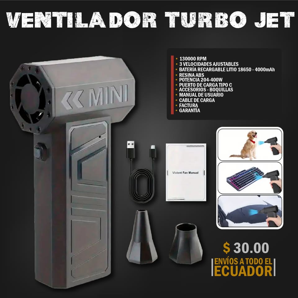 VENTILADOR SOPLADOR TURBO JET AJUSTABLE 130000RPM RECARGABLE TIPO C
